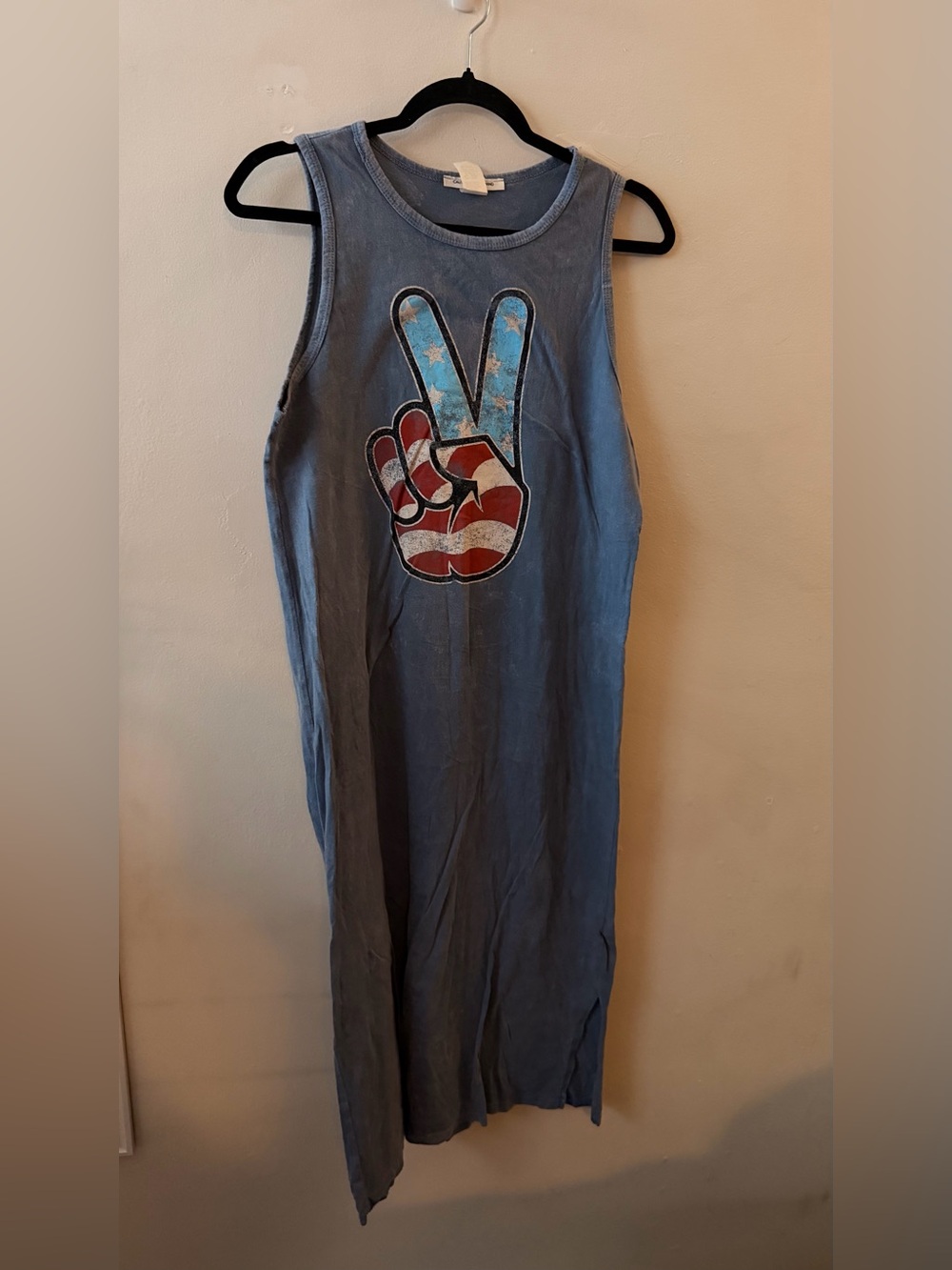 Caution To The Wind Blue Tank Dress with Flag Peace Sign